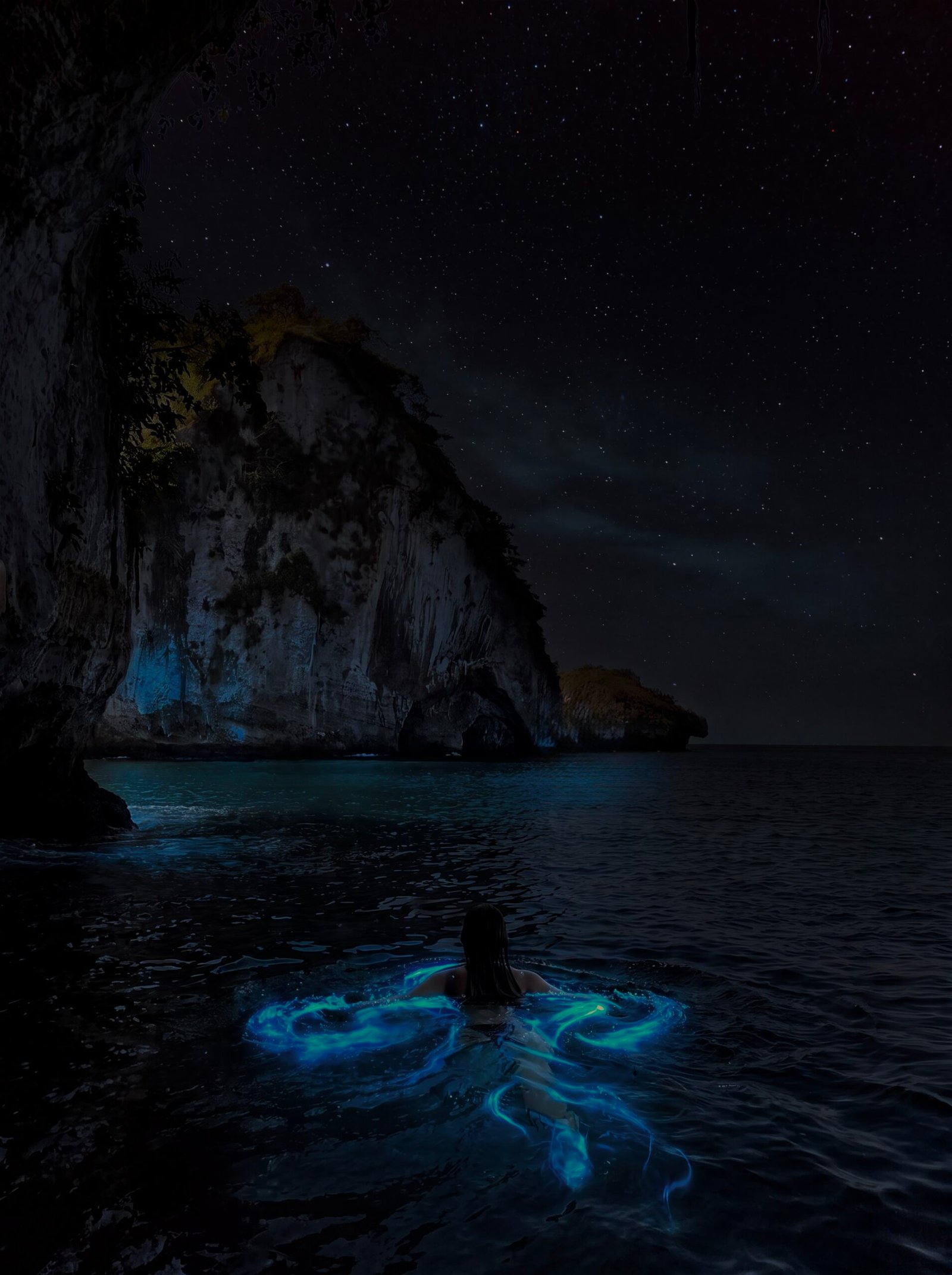 Hands moving through glowing bioluminescent seawater